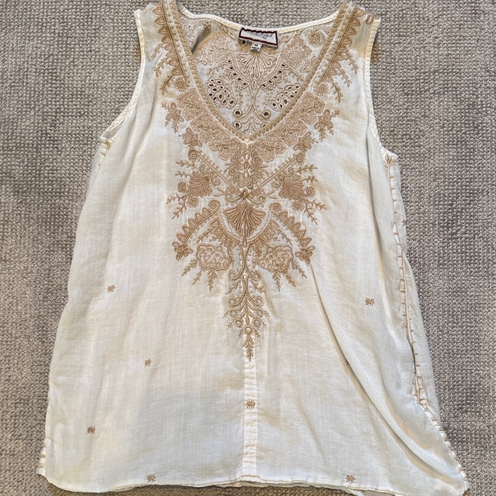 Johnny Was Cream and Tan Embroidered Blouse